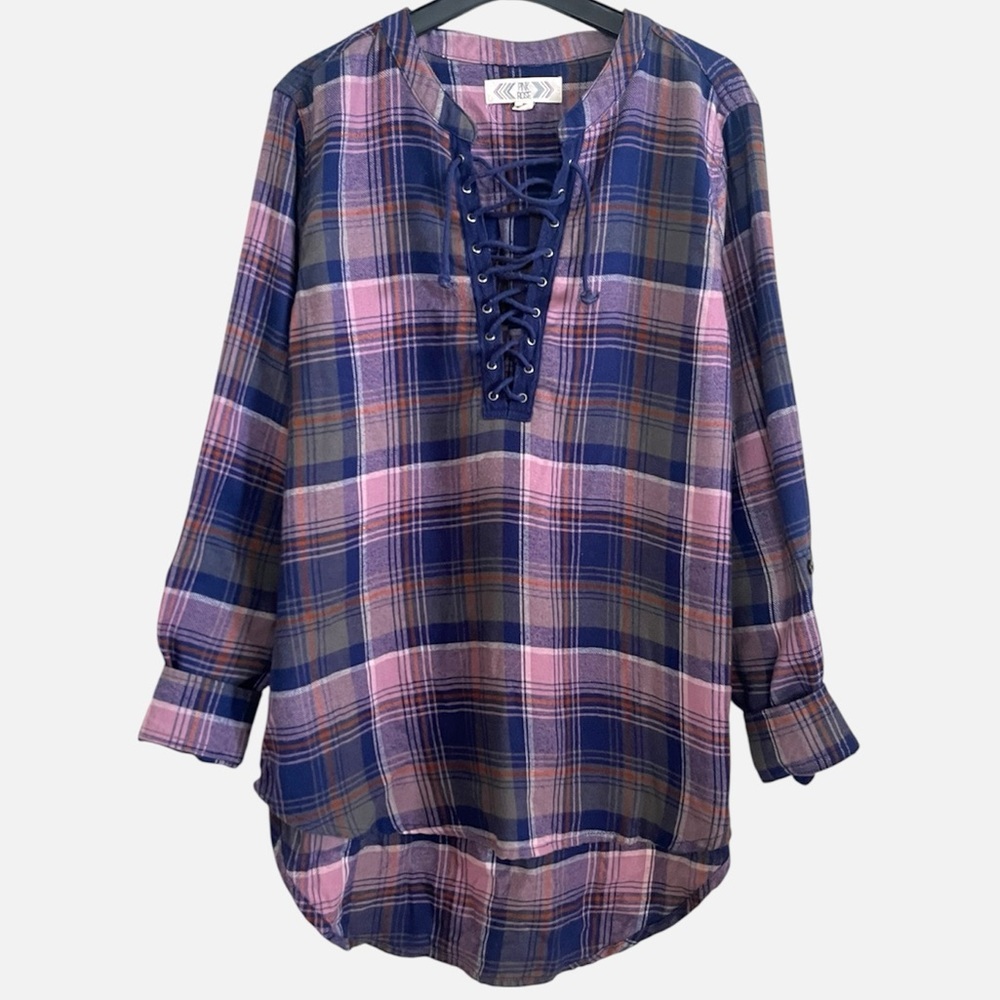 Pink Rose Retro Casual Navy and Pink Plaid Lace-Up Blouse M